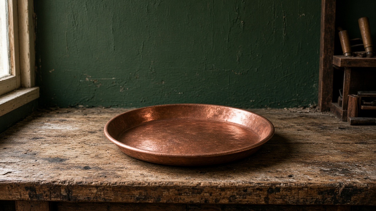 A copper collection plate on a wooden workbench